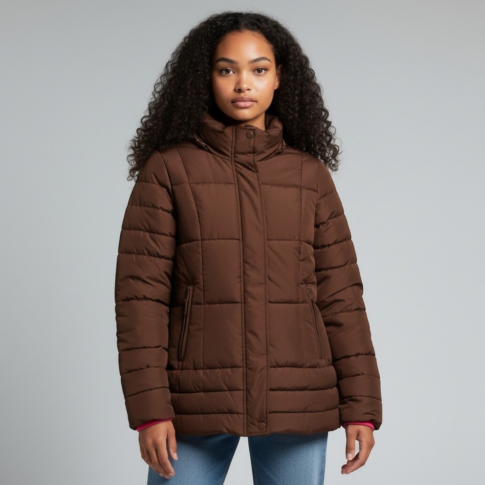 Tempco Womens Brown Puffer Jacket Pink Fleece Lined Quilted Winter Coat Small